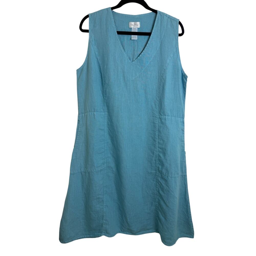 Mosaic USA 100% Linen Sleeveless A-Line Shift Dress Pockets Size L Teal Blue